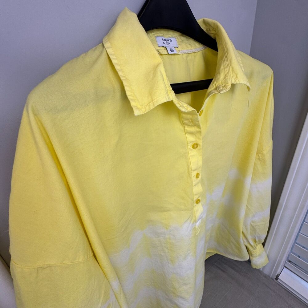Crown & Ivy Women’s XL Bright Yellow White Tie-Dye Long Sleeve Hi-Lo Shirt - Picture 2 of 8